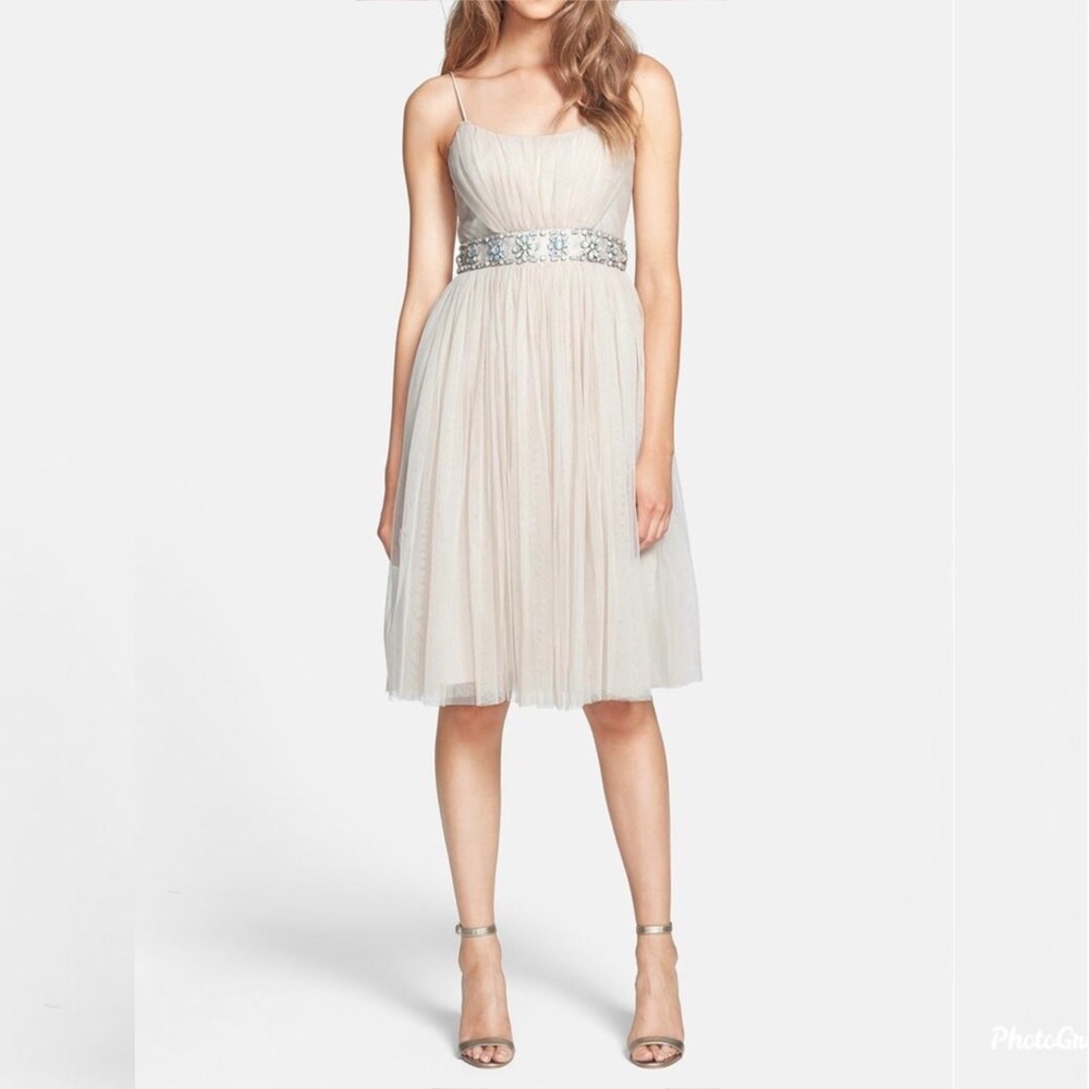 NWT Needle & Thread Cream Tulle Spaghetti Strap Midi Dress w/ Rhinestones Waist